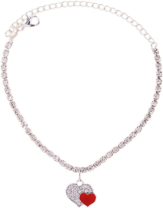 Rhinestone Heart Ankle Bracelets for Women Girls Crystal Tennis Chain Anklet Love Heart Foot Jewelry Beach Hip Hop Jewelry Apparel & Accessories > Jewelry > Anklets Fenix-us Red  