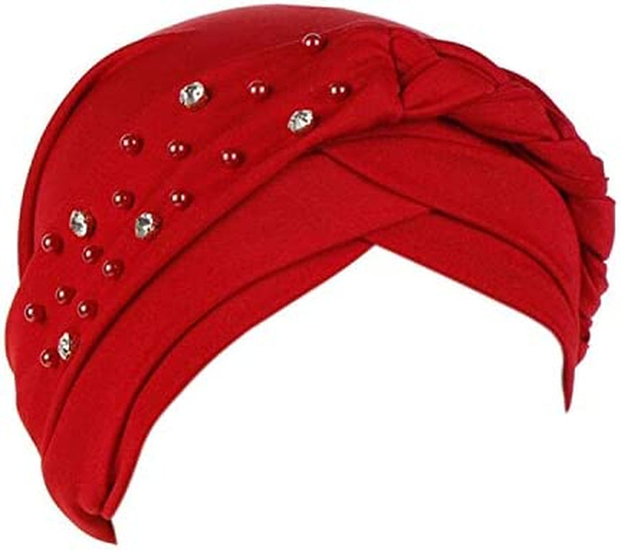 Beauty YFJH Women Hijab Beading Pre-Tied Twisted Braid Turban Hat Head Scarf Cancer Chemo Beanies Headwear Headwrap Cap Apparel & Accessories > Clothing Accessories > Headwear beauty YFJH Red  