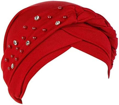Beauty YFJH Women Hijab Beading Pre-Tied Twisted Braid Turban Hat Head Scarf Cancer Chemo Beanies Headwear Headwrap Cap Apparel & Accessories > Clothing Accessories > Headwear beauty YFJH Red  