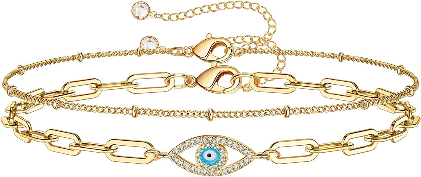 Dainty Gold Bracelets for Women, 14K Gold Filled Adjustable Layered Bracelet Cute Evil Eye Oval Chain Pearl Bar Turtle Gold Bracelets for Women Jewelry Apparel & Accessories > Jewelry > Bracelets Turandoss Beads Chain&Evil Eye  