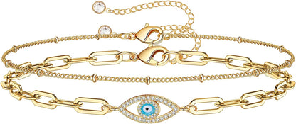 Dainty Gold Bracelets for Women, 14K Gold Filled Adjustable Layered Bracelet Cute Evil Eye Oval Chain Pearl Bar Turtle Gold Bracelets for Women Jewelry Apparel & Accessories > Jewelry > Bracelets Turandoss Beads Chain&Evil Eye  