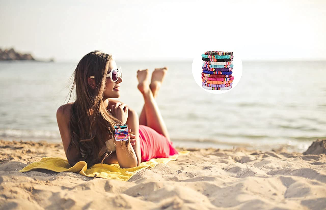 HYHONEY 12Pcs/Set Heishi Bracelet Surfer Bracelets for Women Stackable Clay Beaded Stretch Bracelets Elastic Layering Bracelets Boho Summer Beach Bracelets Jewelry Apparel & Accessories > Jewelry > Bracelets HYHONEY   