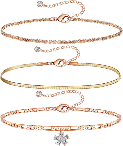 Gold Ankle Bracelets for Women 14K Gold Plated Anklet Silver Rose Gold Evil Eye Tennis Crystal Cubic Zirconia Faux Diamond Rhinestone Anklet Dainty Layered Anklet Set 3Pcs Apparel & Accessories > Jewelry > Anklets Vermeyen ZB-Rose Gold Figaro Chain  
