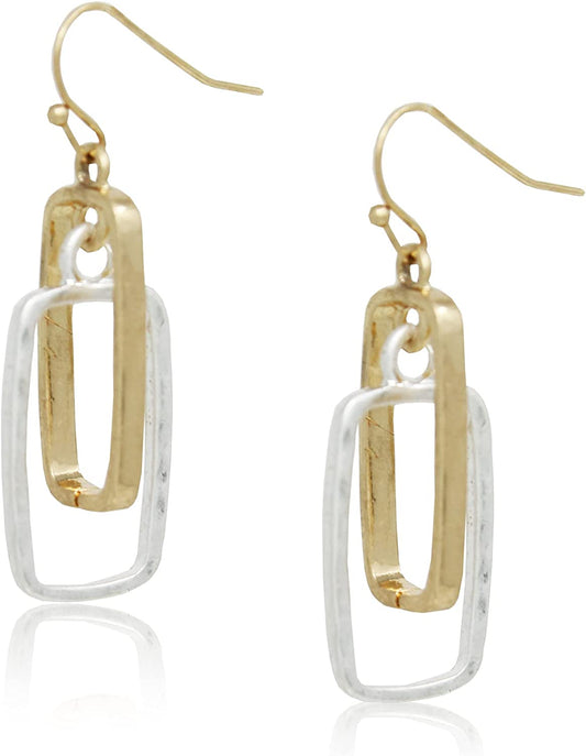 POMINA Lightweight Geometric Gold Silver Two Tone Hammered Dangle Drop Earrings Linked Circle Rectangle Oval Trendy Fashion Dangling Earrings for Women Apparel & Accessories > Jewelry > Earrings POMINA Square_Two tone  