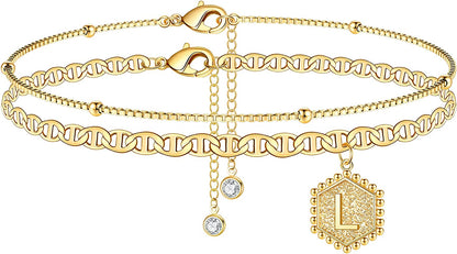 Turandoss Ankle Bracelets for Women Initial Anklet, 14K Gold Plated Handmade Layered Box Chain Flat Mariner Hexagon Anklet Letter Initial Ankle Bracelet for Women Gold Summer Beach Foot Jewelry Gifts Apparel & Accessories > Jewelry > Anklets Turandoss L  