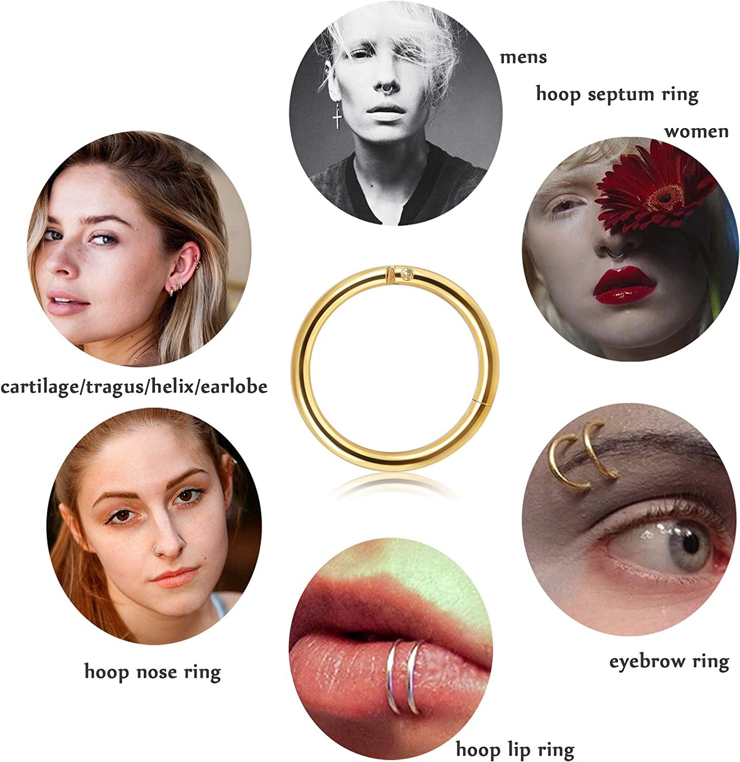 Jstyle 8Pcs 16G Surgical Steel Hinged Clicker Segment Nose Rings Hoop Helix Cartilage Daith Tragus Sleeper Earrings Body Piercing 6-12MM Improved Apparel & Accessories > Jewelry > Rings Jstyle   