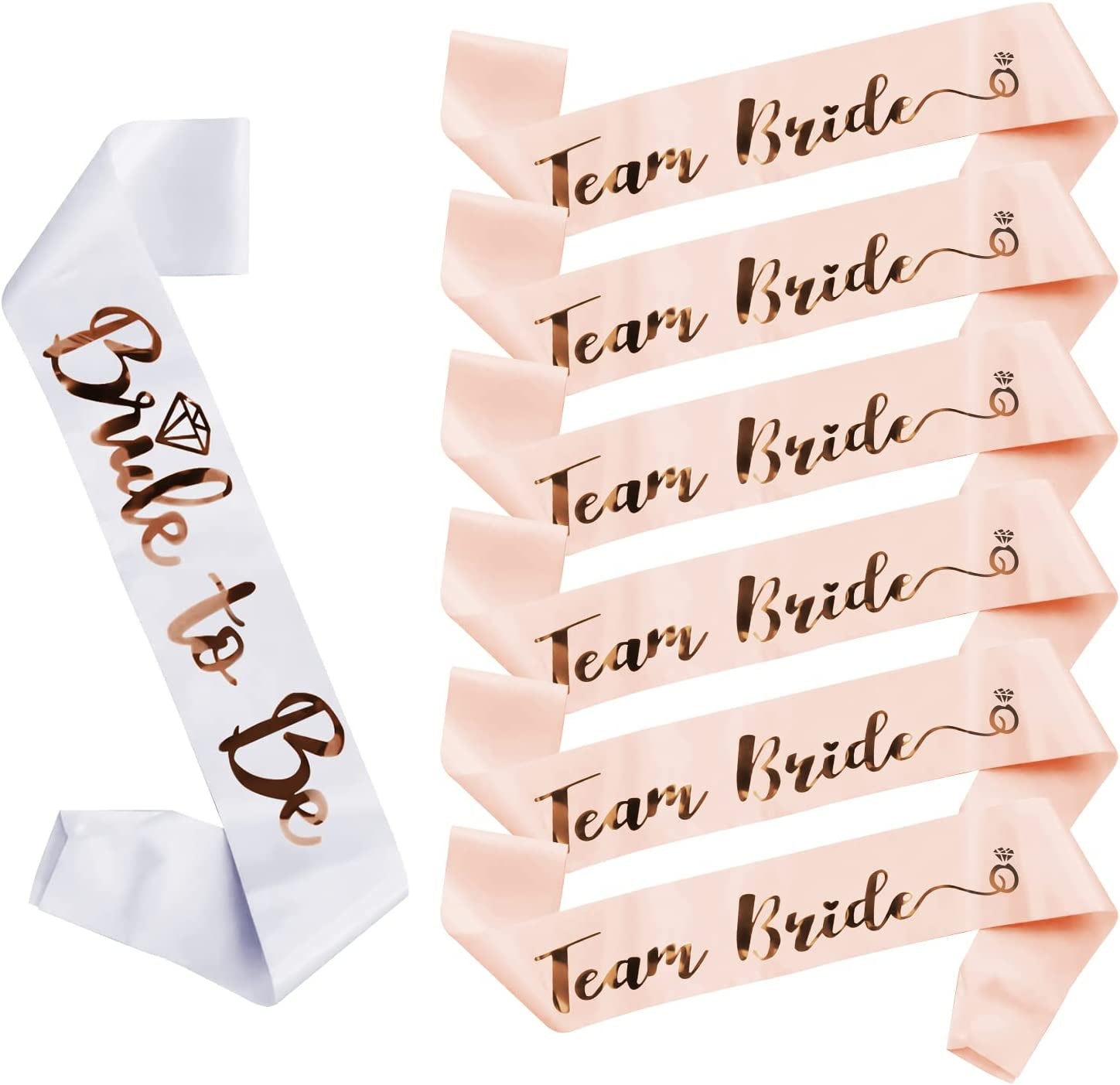 Team Bride Sash Set- 1 White Bride to Be Sash and 6 Team Bride Sashes Bachelorette Party Supplies with Shiny Rose-Gold Font Bachelorette Sash Bridesmaid Sashes for Bridal Party & Wedding（7Pcs） Apparel & Accessories > Clothing Accessories > Sashes JUSTOTRY   