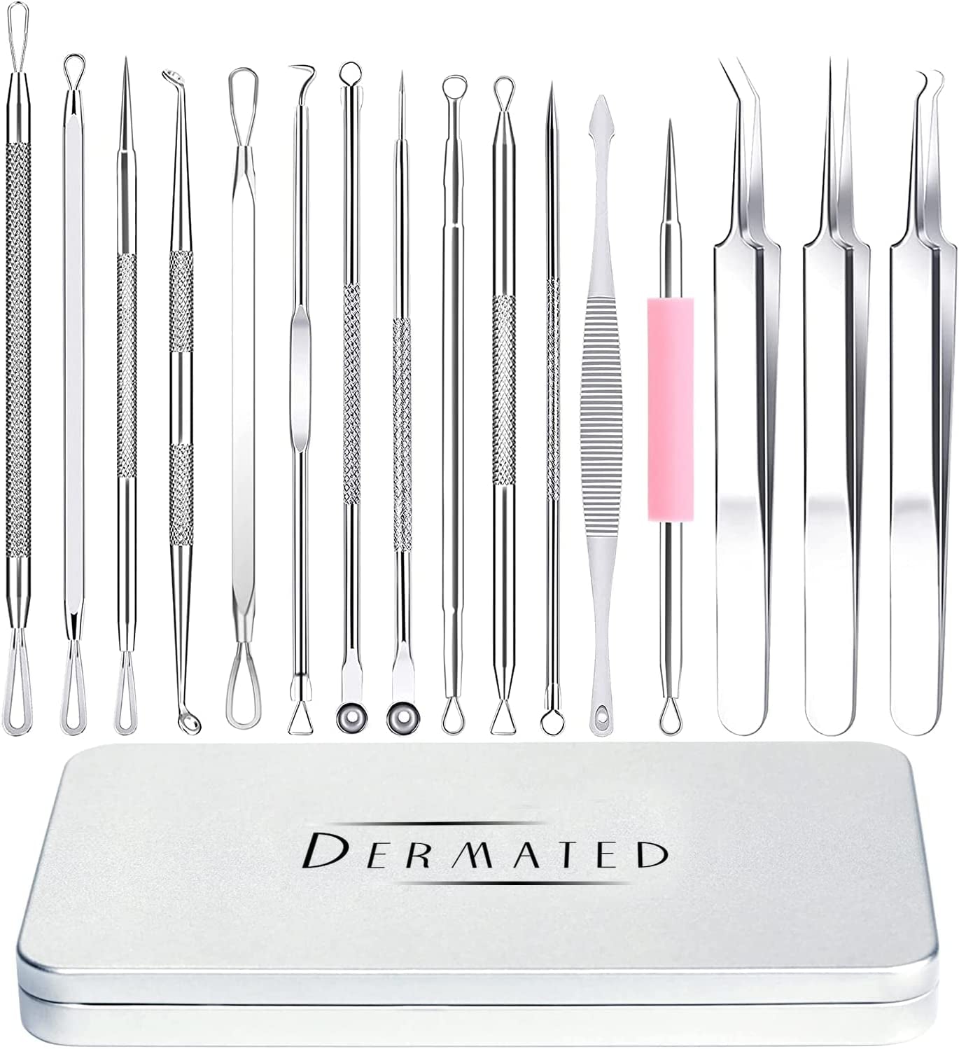 Dermated [16 Pack] Blackhead Remover Tools Pimple Popper Tool Kit | Stainless Steel Professional Pimple Extractor Tool Kit for Blackheads, Blemish, Comdone, Acne, Zit, and Whiteheads for Face & Nose Health & Beauty > Personal Care > Cosmetics > Cosmetic Tools > Skin Care Tools DERMATED   