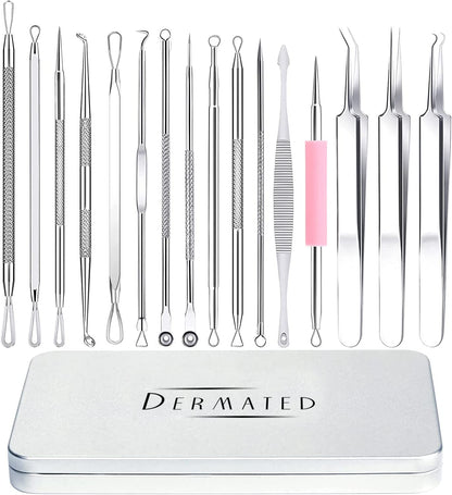Dermated [16 Pack] Blackhead Remover Tools Pimple Popper Tool Kit | Stainless Steel Professional Pimple Extractor Tool Kit for Blackheads, Blemish, Comdone, Acne, Zit, and Whiteheads for Face & Nose Health & Beauty > Personal Care > Cosmetics > Cosmetic Tools > Skin Care Tools DERMATED   