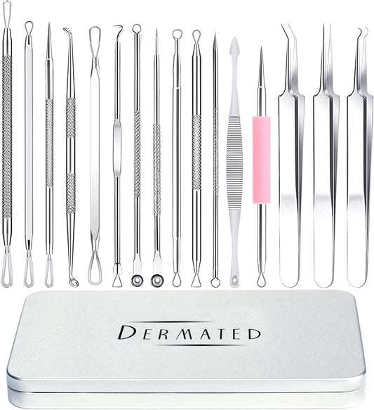 Dermated [16 Pack] Blackhead Remover Tools Pimple Popper Tool Kit | Stainless Steel Professional Pimple Extractor Tool Kit for Blackheads, Blemish, Comdone, Acne, Zit, and Whiteheads for Face & Nose Health & Beauty > Personal Care > Cosmetics > Cosmetic Tools > Skin Care Tools DERMATED   