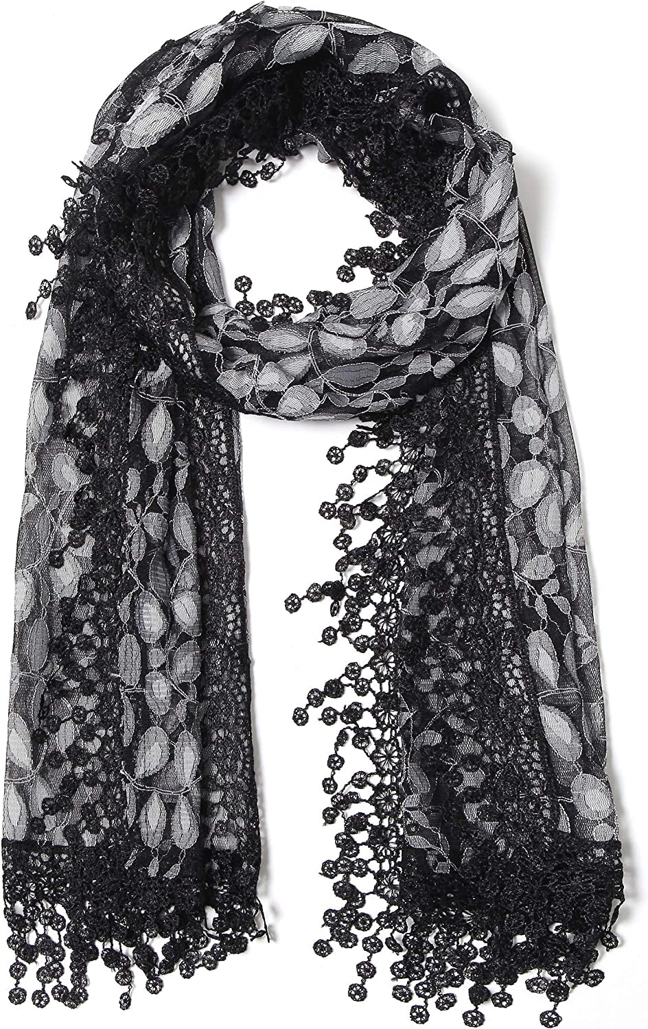 Cindy and Wendy Lightweight Soft Leaf Lace Fringes Scarf Shawl for Women Apparel & Accessories > Clothing Accessories > Scarves & Shawls Cindy and Wendy Black Grey  