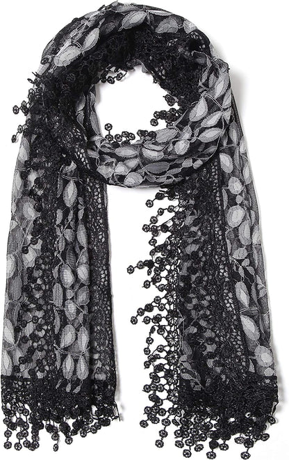 Cindy and Wendy Lightweight Soft Leaf Lace Fringes Scarf Shawl for Women Apparel & Accessories > Clothing Accessories > Scarves & Shawls Cindy and Wendy Black Grey  