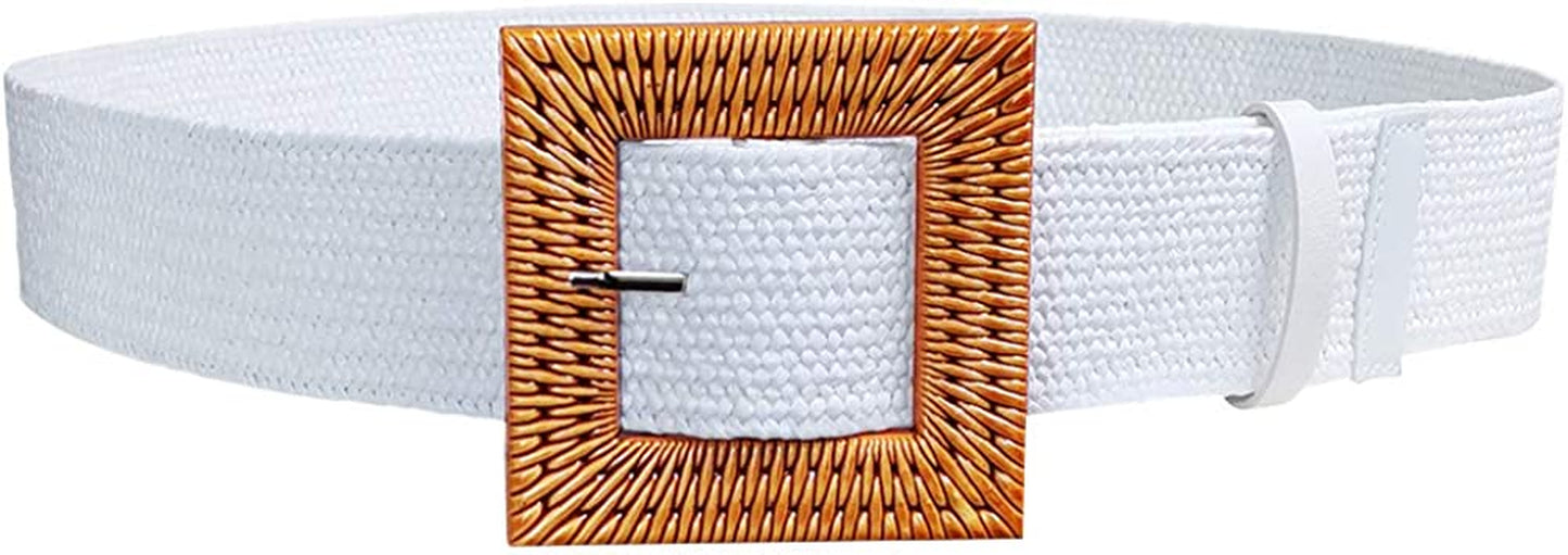 Women Skinny Dress Belt, Fashion Straw Woven Elastic Stretch Waist Band Wood Buckle Belt Apparel & Accessories > Clothing Accessories > Belts YUCFOREN White Waist below 39" 