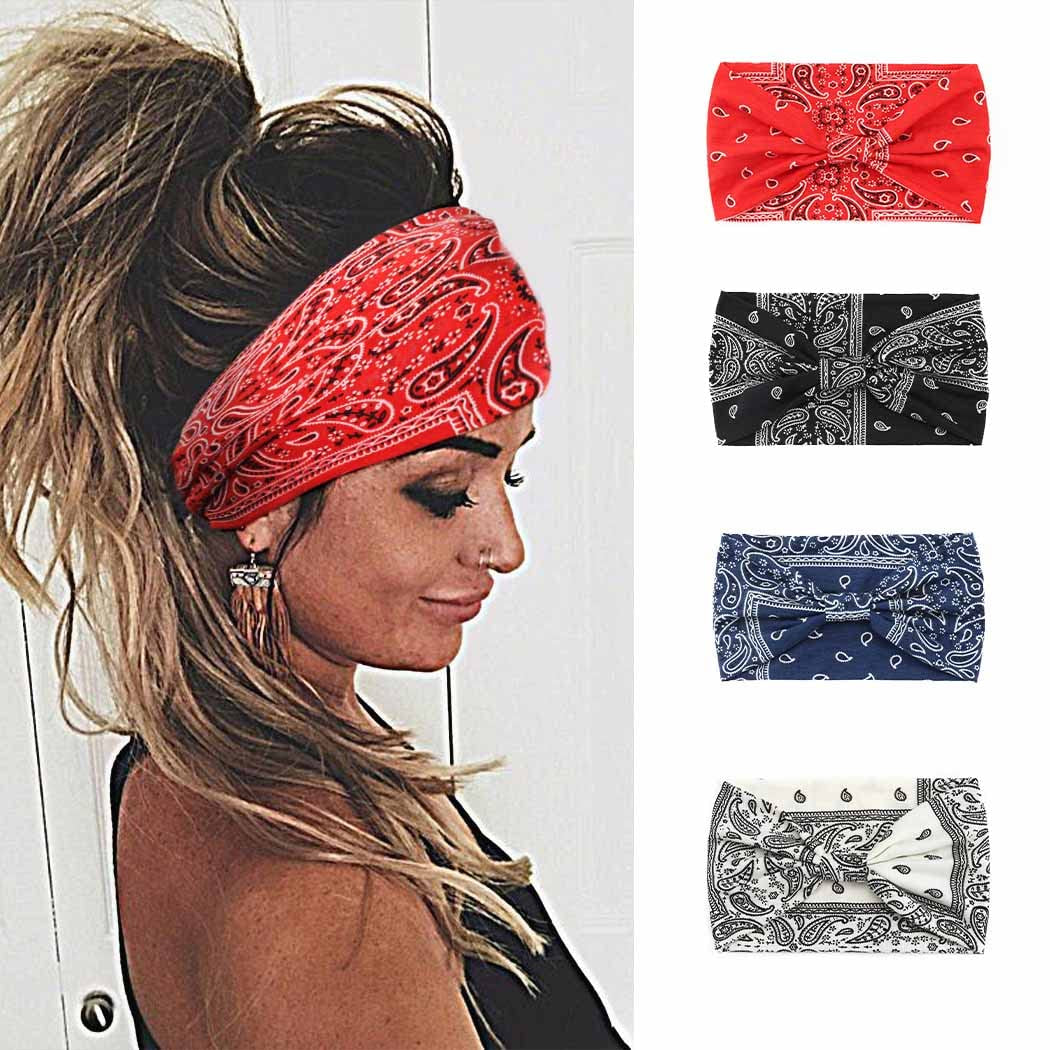 Urieo Boho Headbands Stretch Paisley Print Bandana Headband Criss Cross Hair Bands Knotted Head Wrap Yoga Daily for Women and Girls (Pack of 4) (A) Apparel & Accessories > Clothing Accessories > Bandanas & Headties Urieo B  