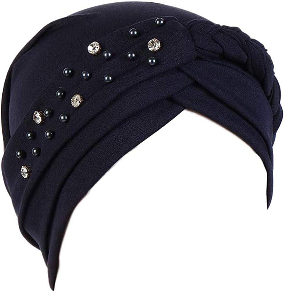 Women Girls Turban Hat, Rhinestone Pearl Braid Turban Head Wrap Baggy Slouchy Beanie Chemo Cap Headwear Hair Wrap Apparel & Accessories > Clothing Accessories > Headwear canjoyn Navy Blue  