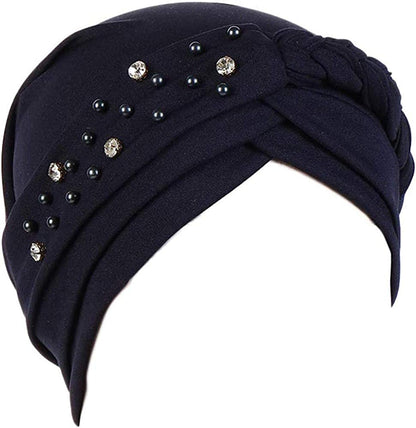 Women Girls Turban Hat, Rhinestone Pearl Braid Turban Head Wrap Baggy Slouchy Beanie Chemo Cap Headwear Hair Wrap Apparel & Accessories > Clothing Accessories > Headwear canjoyn Navy Blue  