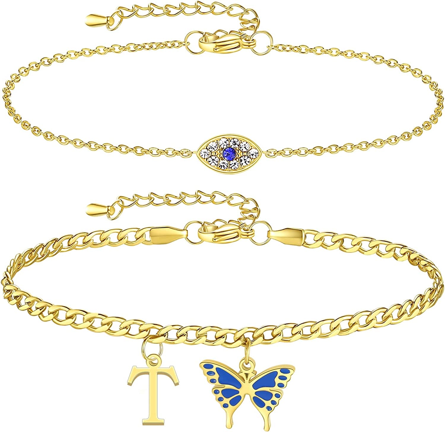 SAM & LORI 2 Pcs Anklets Set 18K Gold Plated Dainty Layered Personalized Initial Anklets Bracelets - Blue Butterfly - Sparkling CZ Evil Eye - Adjustable Summer Jewelry for Women Teen Girls Apparel & Accessories > Jewelry > Anklets SAM & LORI "Butterfly Evil Eye - T  