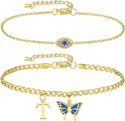 SAM & LORI 2 Pcs Anklets Set 18K Gold Plated Dainty Layered Personalized Initial Anklets Bracelets - Blue Butterfly - Sparkling CZ Evil Eye - Adjustable Summer Jewelry for Women Teen Girls Apparel & Accessories > Jewelry > Anklets SAM & LORI "Butterfly Evil Eye - T  
