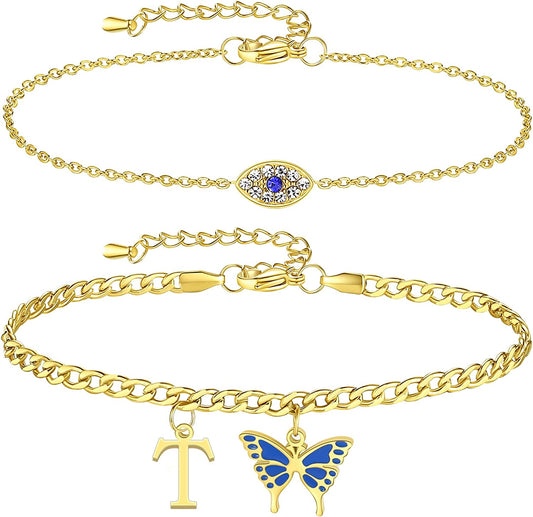 SAM & LORI 2 Pcs Anklets Set 18K Gold Plated Dainty Layered Personalized Initial Anklets Bracelets - Blue Butterfly - Sparkling CZ Evil Eye - Adjustable Summer Jewelry for Women Teen Girls Apparel & Accessories > Jewelry > Anklets SAM & LORI "Butterfly Evil Eye - T  