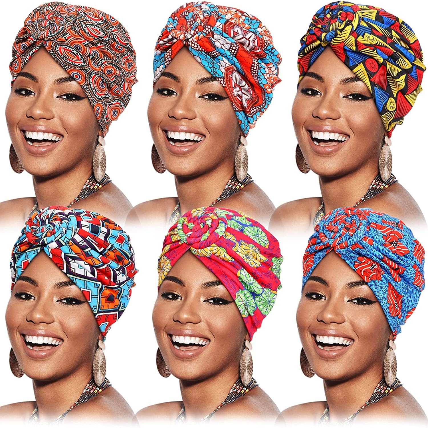 SATINIOR 6 Pieces Women African Turban Flower Knot Pre-Tied Bonnet Beanie Cap Headwrap Apparel & Accessories > Clothing Accessories > Bandanas & Headties SATINIOR Red Blue Flower  