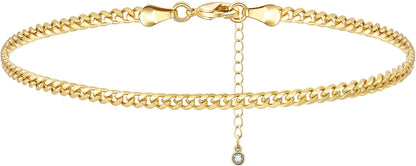 Kissyan Gold Ankle Bracelets for Women, Dainty 14K Gold Plated Anklets Cuban Link Chain Ankles Adjustable Snake Tennis Anklet Bracelet Tiny Beach Foot Jewelry Gifts for Women Girls Apparel & Accessories > Jewelry > Anklets KissYan Gold-3mm cuban anklet  