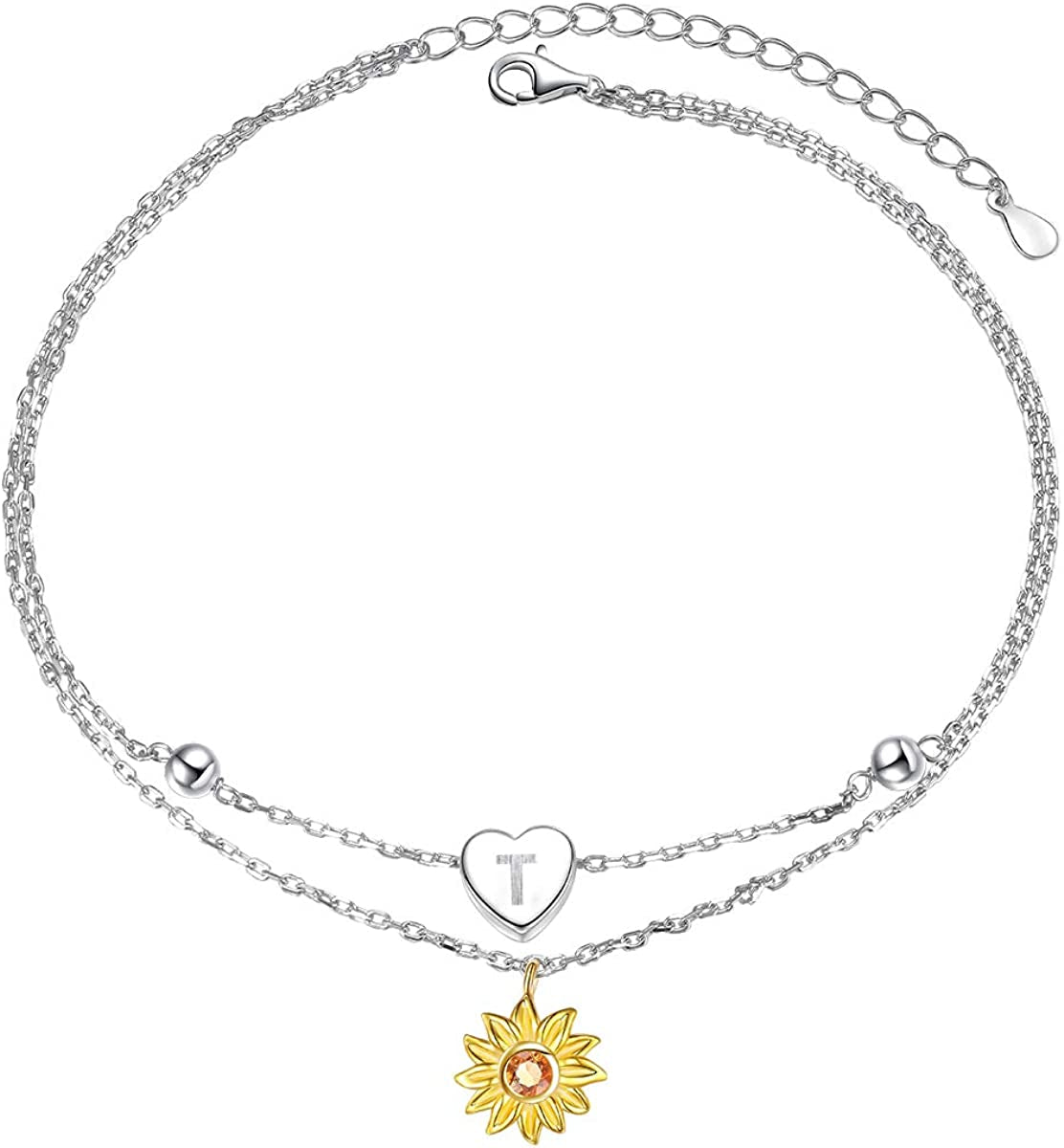 Sterling Silver Layered Chain Alphabet Letter Initial with Sunflower Beads Foot Bracelet Anklet for Women Apparel & Accessories > Jewelry > Anklets ATHENAA Jewelry Factory T  