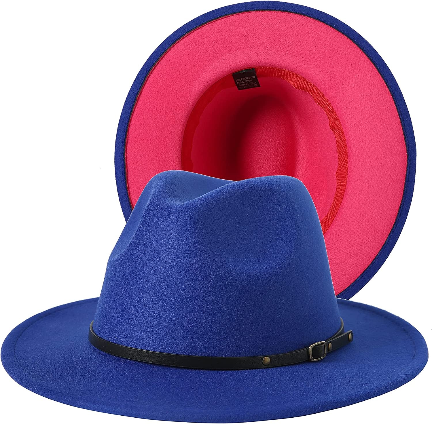 JOYEBUY Women Lady Two Tone Wide Brim Panama Hat Patchwork Colors Classic Fedora Hat with Belt Buckle Apparel & Accessories > Clothing Accessories > Hats JOYEBUY Royal Blue/Rose One Size 