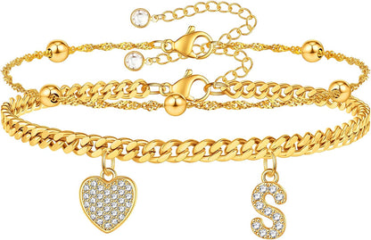 Gold Ankle Bracelets for Women 14K Gold Plated Heart Initial Cuban Link Anklets for Women Charm Gold Anklet for Women Summer Bracelets for Teen Girls Women Anklets Jewelry Apparel & Accessories > Jewelry > Anklets BRIJEWLIC S  