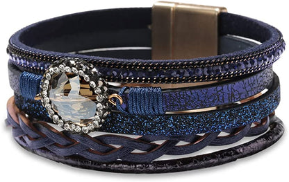 Fesciory Leopard Bracelet for Women Wrap Multi-Layer Leather Bracelet Magnetic Clasp Cuff Bangle Jewelry Apparel & Accessories > Jewelry > Bracelets Fesciory B26-Crystal Leather(Blue)  