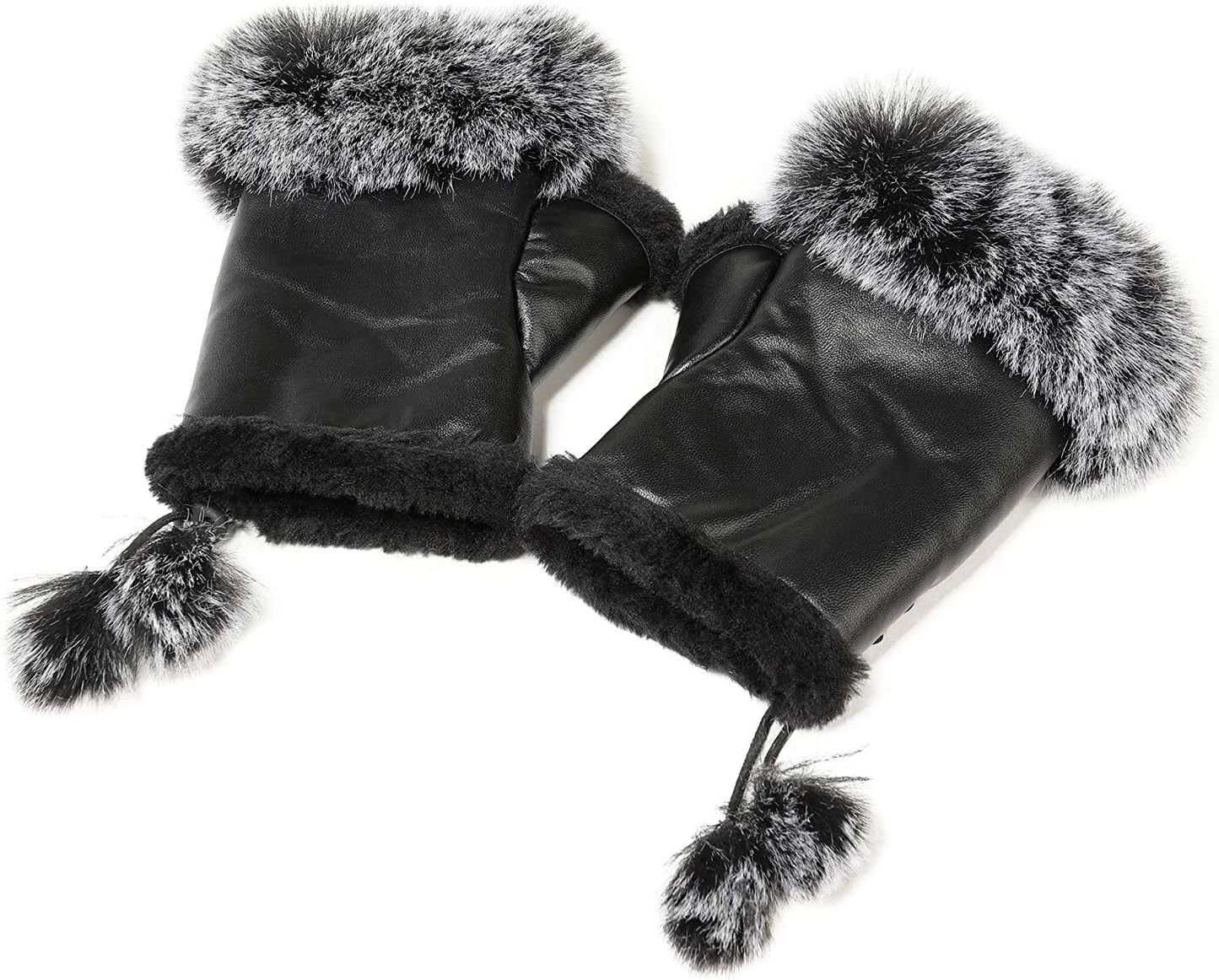 Winter Fingerless Gloves Cute Typing Gloves Fuzzy Furry Leather Mittens Faux Fur Lined Gloves Warm Hands Warmer Gloves Women Apparel & Accessories > Clothing Accessories > Gloves & Mittens Fur Story Black  