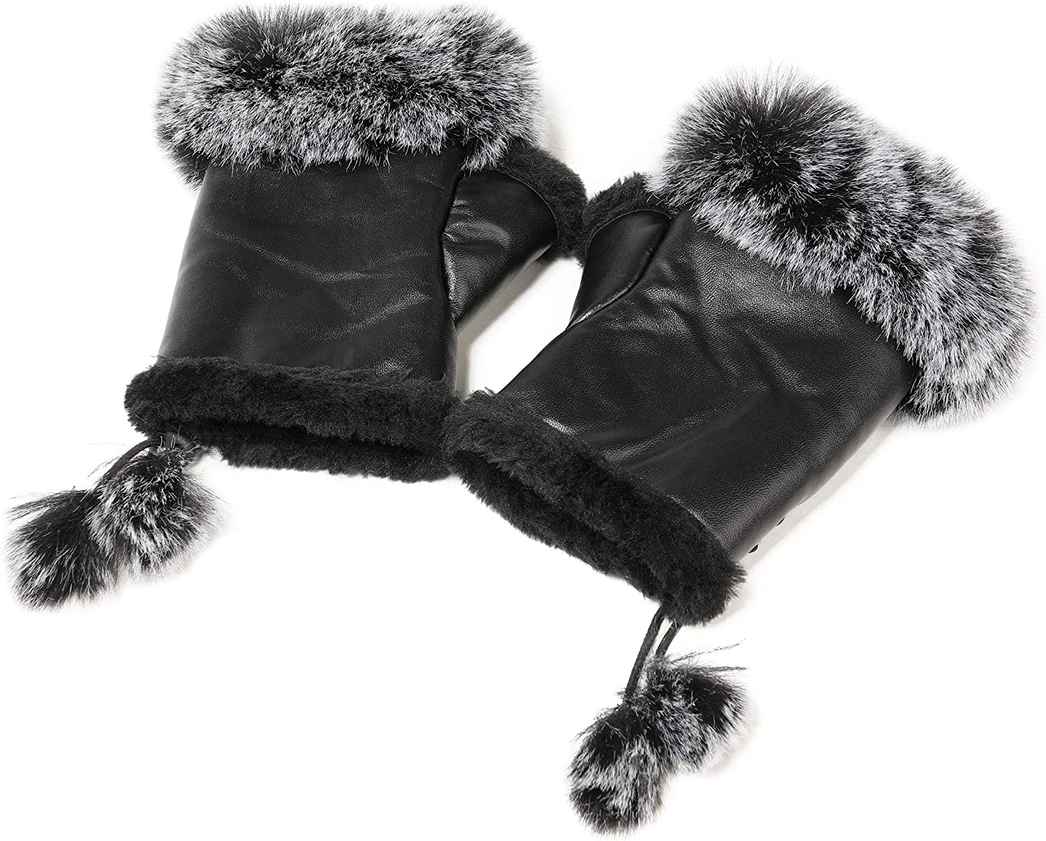 Winter Fingerless Gloves Cute Typing Gloves Fuzzy Furry Leather Mittens Faux Fur Lined Gloves Warm Hands Warmer Gloves Women Apparel & Accessories > Clothing Accessories > Gloves & Mittens Fur Story Black  