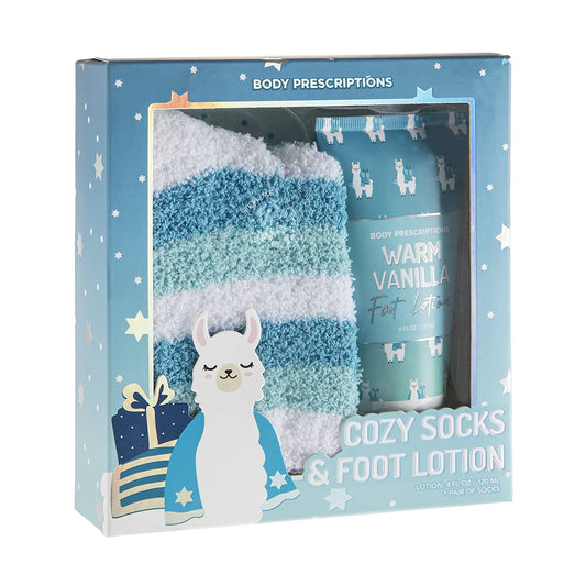 Body Prescriptions Hanukkah Cozy Foot Care Set- Striped Blue Fuzzy Socks with Warm Vanilla Foot Lotion, Holiday Gifts for Women, Relaxing Pedicure Gift Sets Health & Beauty > Personal Care > Foot Care Enchante Direct Warm Vanilla  