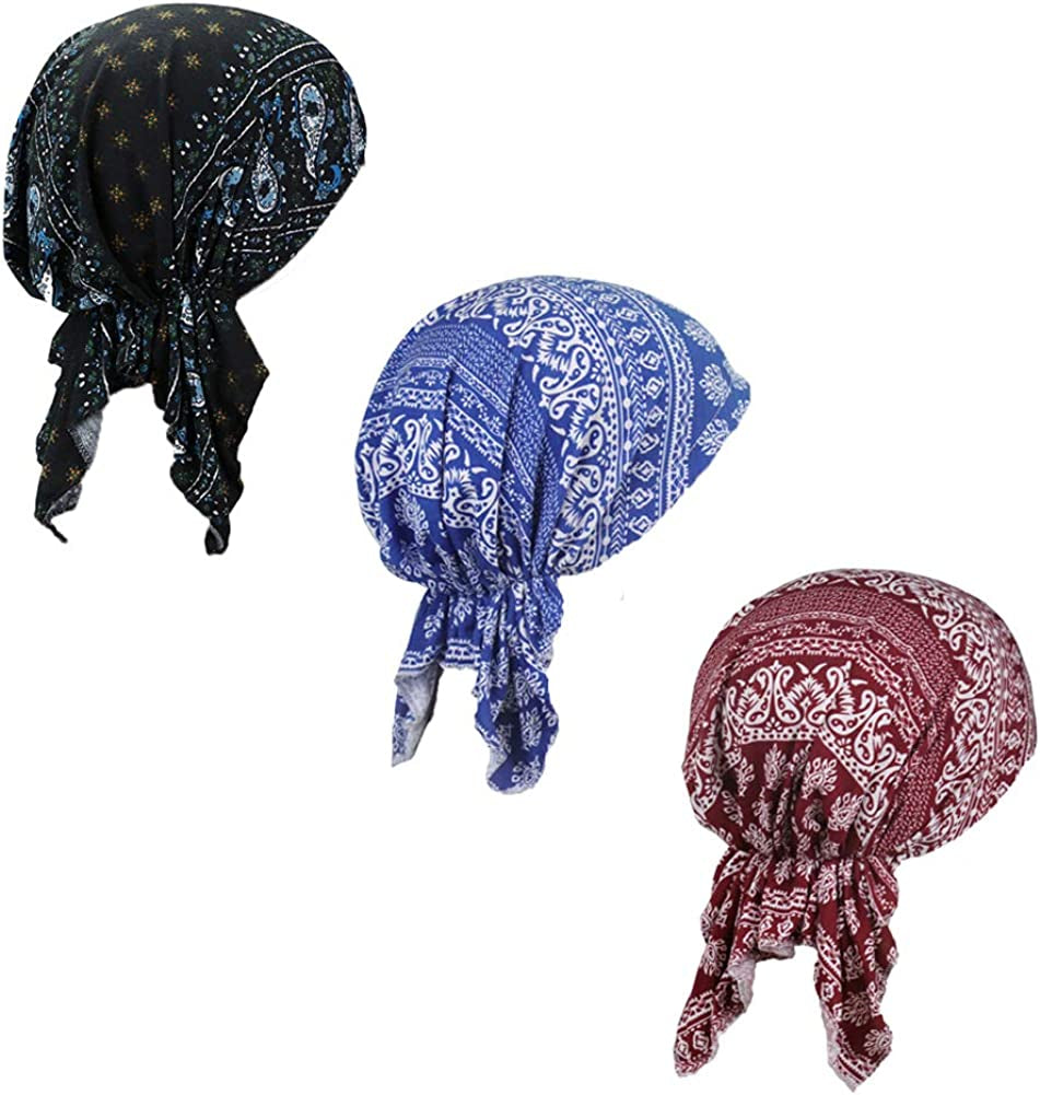 Pre Tied Chemo Head Scarf 3 Packed Beanie Skull Cover Cap for Women (Set6-Long Style) Apparel & Accessories > Clothing Accessories > Bandanas & Headties Qovelly A7-paisley-3 Packed  