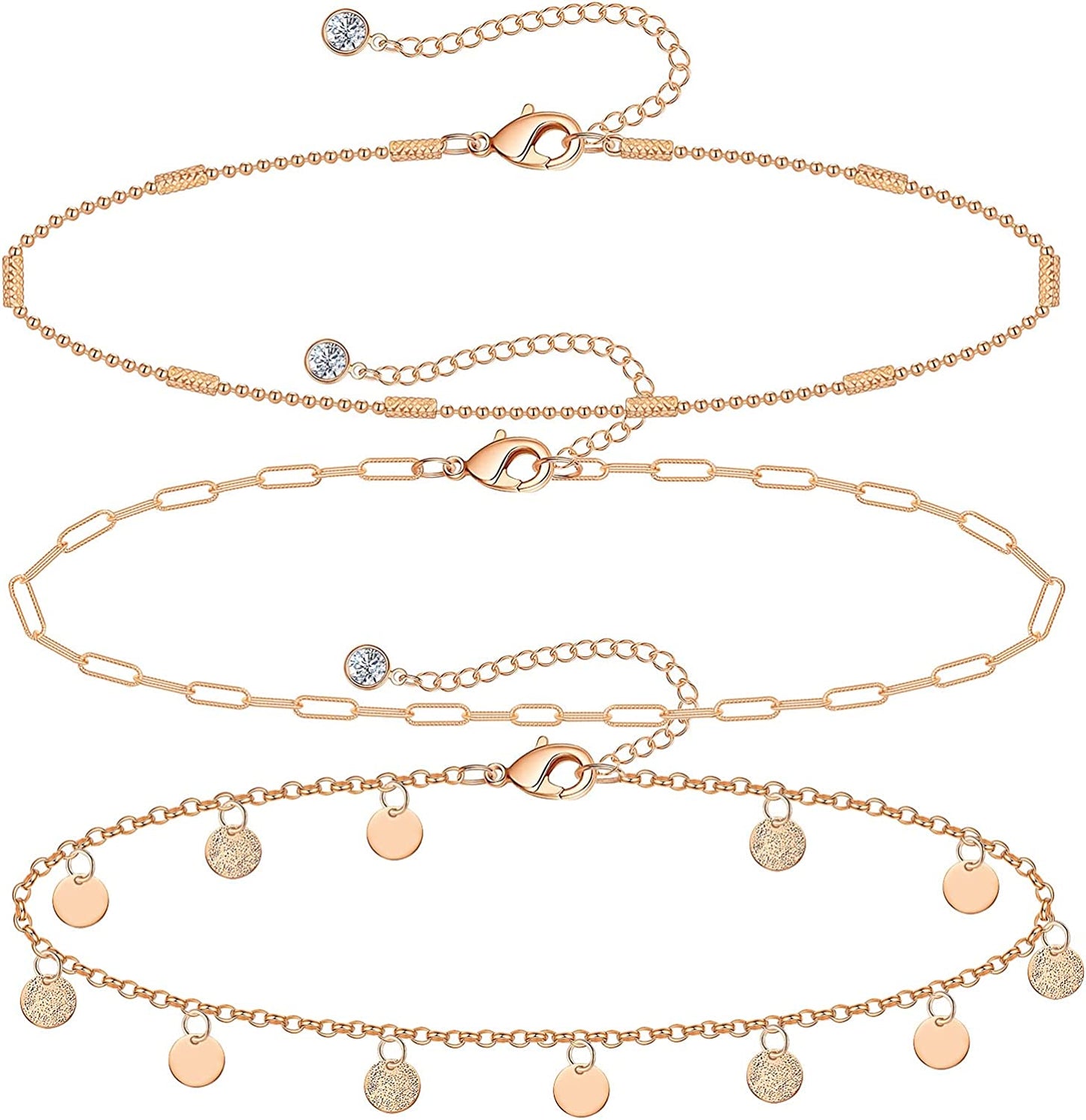 Gold Ankle Bracelets for Women 14K Gold Plated Anklet Silver Tennis Rose Quartz Cross Bead Herringbone Snake Paperclip Chain Cubic Zirconia Dainty Layered Anklet Set 3Pcs Apparel & Accessories > Jewelry > Anklets WeSparking R-Rose Gold-Coin Chain  