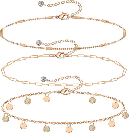 Gold Ankle Bracelets for Women 14K Gold Plated Anklet Silver Tennis Rose Quartz Cross Bead Herringbone Snake Paperclip Chain Cubic Zirconia Dainty Layered Anklet Set 3Pcs Apparel & Accessories > Jewelry > Anklets WeSparking R-Rose Gold-Coin Chain  