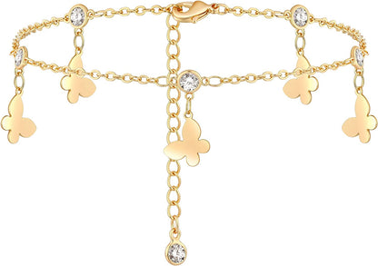VACRONA Gold Anklets for Women 14K Gold Plated Boho Beach Beaded Chain Anklet Dainty Turquoises Evil Eye Ankle Bracelet Adjustable Chain Anklet Foot Jewelry Apparel & Accessories > Jewelry > Anklets VACRONA CZ Butterfly  