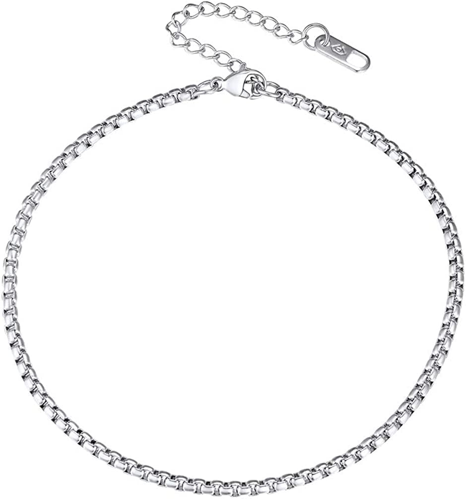 PROSTEEL Stainless Steel Chain Anklets for Men Women, Silver/Gold Tone, Ankle Bracelets Hypoallergenic, 8-10.5 Inch Adjustable, Come Gift Box Apparel & Accessories > Jewelry > Anklets Prosteel Jewelry F: silver-box chain-3mm  