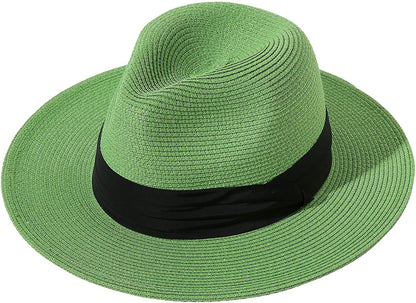 Lanzom Women Wide Brim Straw Panama Roll up Hat Belt Buckle Fedora Beach Sun Hat UPF50+ Apparel & Accessories > Clothing Accessories > Hats Lanzom Green One Size 