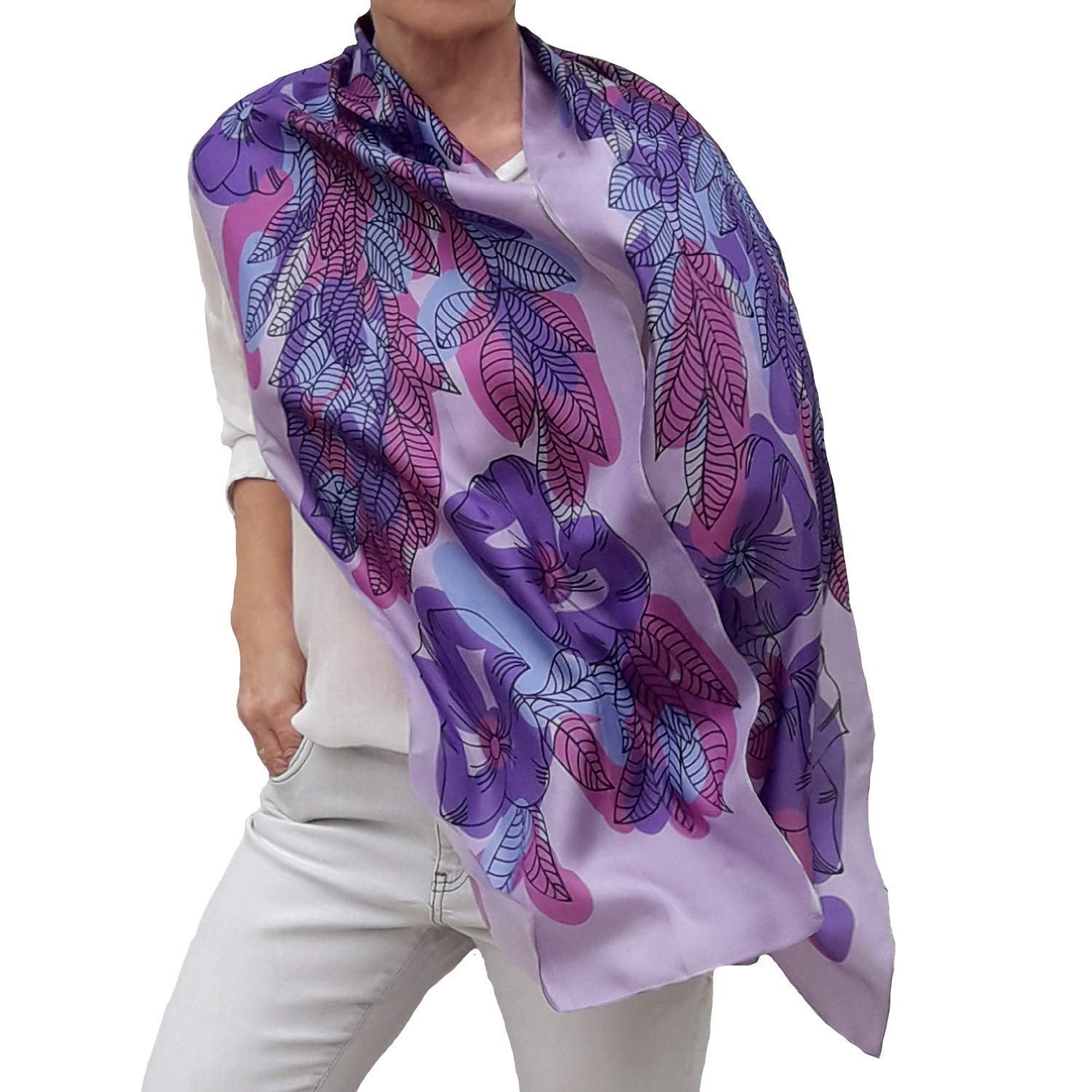 Artistic Hand Painted Long Silk Scarf for Women Fashion Boho Wrap Floral Patterns Trendy Purple Pink Neck Scarfs Unique Designer Shawl Womens Birthday Gift Mother Day Gift Handmade Gifts for Her Apparel & Accessories > Clothing Accessories > Scarves & Shawls Generic   