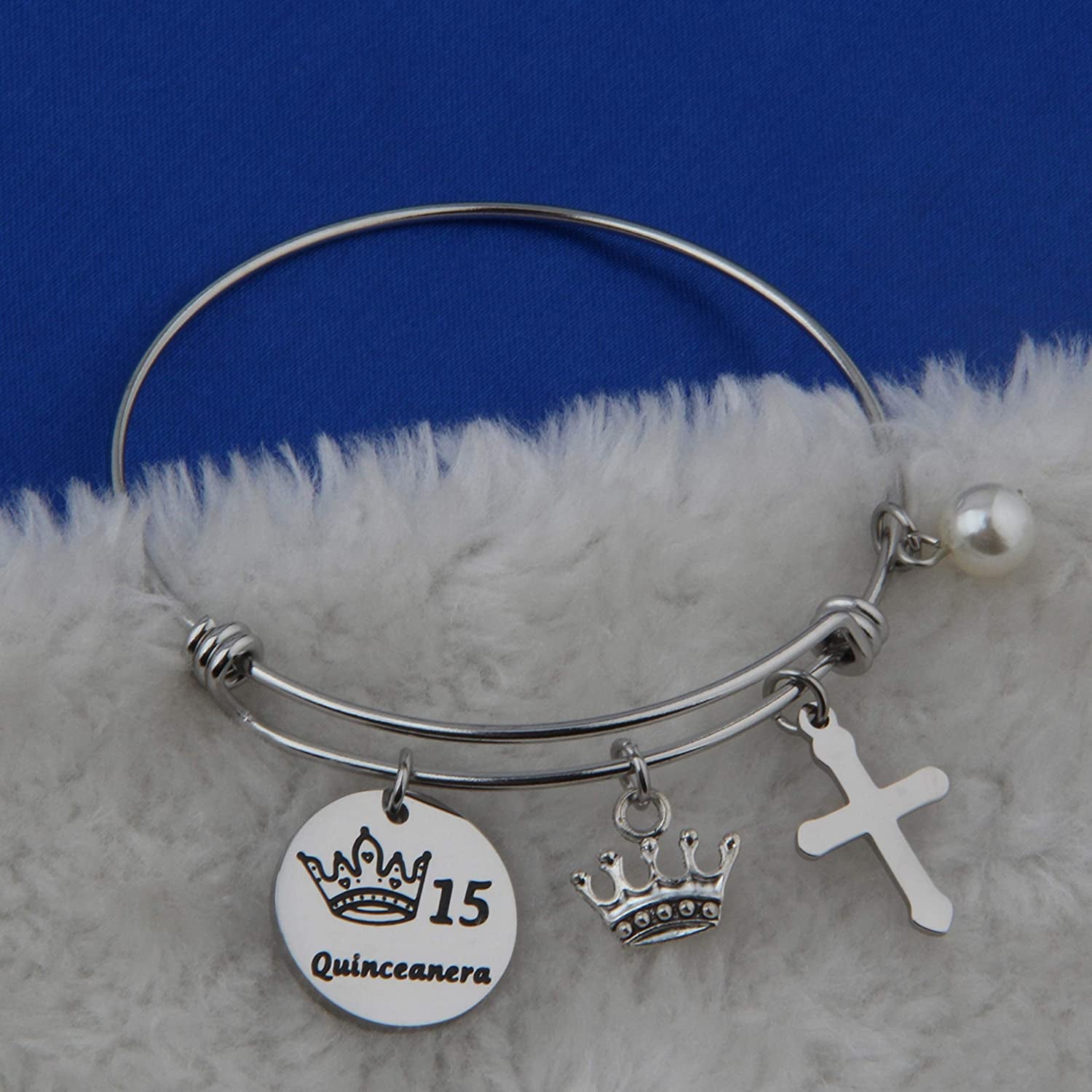 FEELMEM Quinceanera Gift 15Th Birthday Bracelet Girls Sweet 15Th Quinceanera Expandable Wire Bangle Quince Jewelry Happy 15Th Birthday Gift for Girls (Silver) Apparel & Accessories > Jewelry > Bracelets FEELMEM   