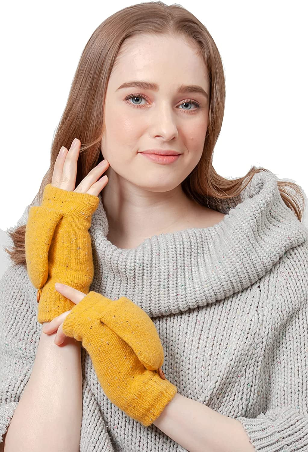 BYOS Women'S Winter Cozy Diamond Pattern Fleece Lined Flip Top Convertible Knit Gloves Mittens Apparel & Accessories > Clothing Accessories > Gloves & Mittens Be Your Own Style Speckle Mustard Yellow  