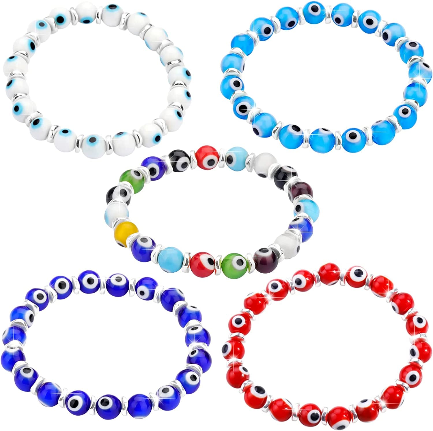 JUVJEW Evil Eye Bracelets for Women Protect 8Mm Ojo Glass Beaded Protection Stretch Braclet Jewelry Apparel & Accessories > Jewelry > Bracelets JUVJEW 5pcs Sliver  