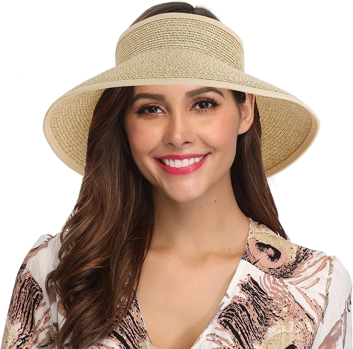 Lanzom Women Packable Hat Sun Visor Hats Wide Brim Straw Roll up Ponytail Summer Beach Hat UPF 50 Apparel & Accessories > Clothing Accessories > Hats Lanzom Mixed Beige 2 One Size 