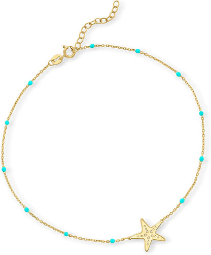 RS Pure by Ross-Simons Italian 14Kt Yellow Gold Starfish and Blue Enamel Station Anklet. 9 Inches Apparel & Accessories > Jewelry > Anklets Ross-Simons   