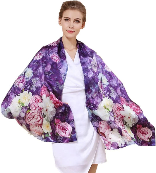 Women'S 100% Charmeuse Mulberry Silk Long Scarf for Gift Hair Ladies Shawls Floral and Butterfly Scarves Apparel & Accessories > Clothing Accessories > Scarves & Shawls WindamazingStory Blue  