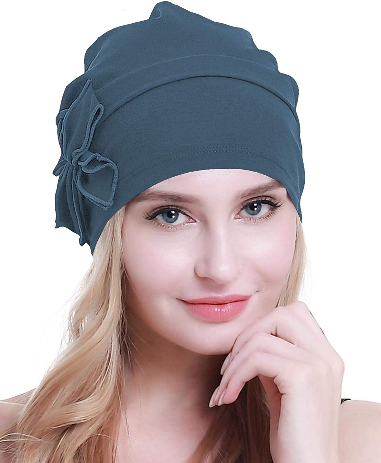 Osvyo Cotton Chemo Turbans Headwear Beanie Hat Cap for Women Cancer Patient Hairloss Apparel & Accessories > Clothing Accessories > Headwear osvyo Cotton Cerulean Blue One Size 