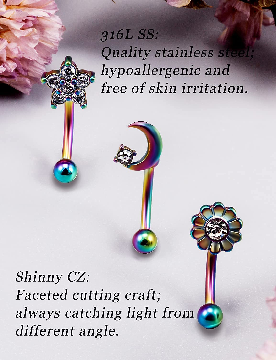 Oufksiyy 16G Rook Piercing Jewerlry Surgical Steel Eyebrow Piercing Jewelry Flower Crystal Heart CZ Moon Shape Eyebrow Rings Snake Eyes Rook Earrings for Women Men Tongue Retainer，Silver Barbell Apparel & Accessories > Jewelry > Body Jewelry Oufksiyy   
