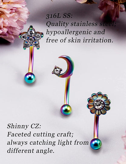 Oufksiyy 16G Rook Piercing Jewerlry Surgical Steel Eyebrow Piercing Jewelry Flower Crystal Heart CZ Moon Shape Eyebrow Rings Snake Eyes Rook Earrings for Women Men Tongue Retainer，Silver Barbell Apparel & Accessories > Jewelry > Body Jewelry Oufksiyy   