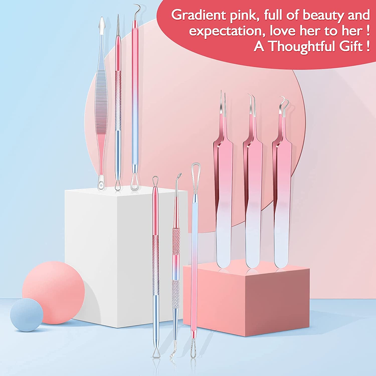 Kresecioo 9 PCS Blackhead Remover Tools, Pimple Popper Tool Kit, Acne Tools Extractor Kit Professional for Nose Face, Blemish Whitehead Zit Popping Tool with Portable Leather Bag(Pink) Health & Beauty > Personal Care > Cosmetics > Cosmetic Tools > Skin Care Tools Kresecioo   