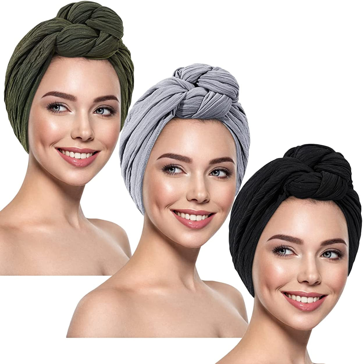 DANMY Women'S Beanie Turban Hats, Indian Hats Headscarves, Beanie Hats for Women,Turban for Women Apparel & Accessories > Clothing Accessories > Headwear DANMY Gray & Army-green & Black -3pcs  